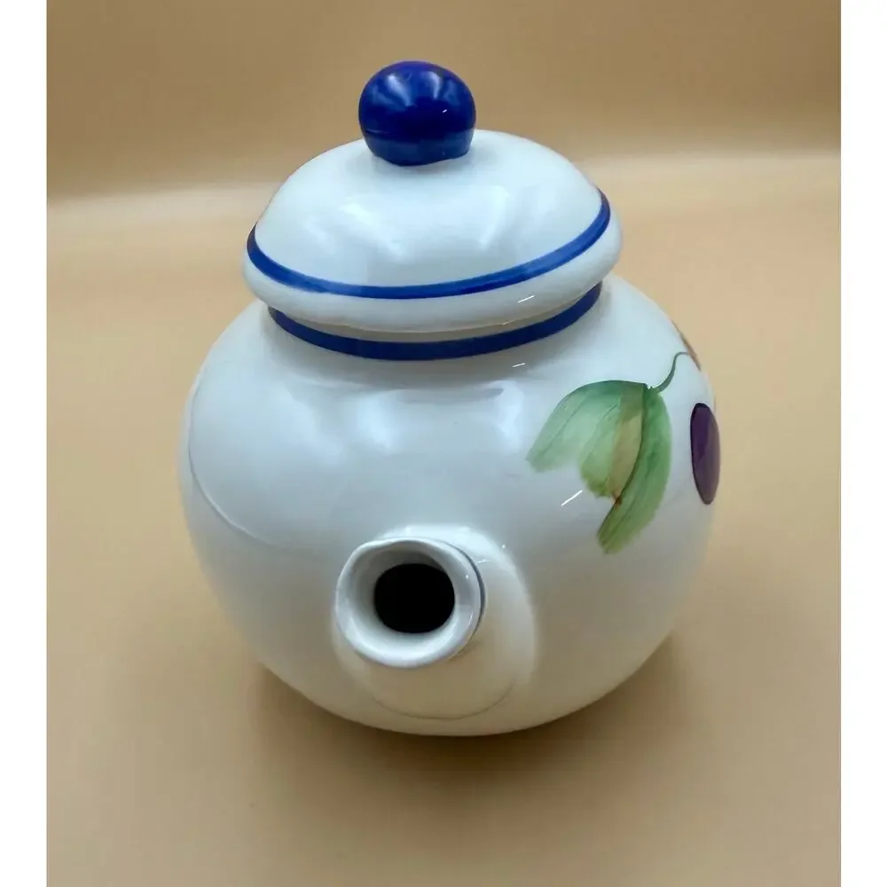 Vintage CBK Ltd China Porcelain Teapot Hand Painted Grapes Blue Trim Cottagecore